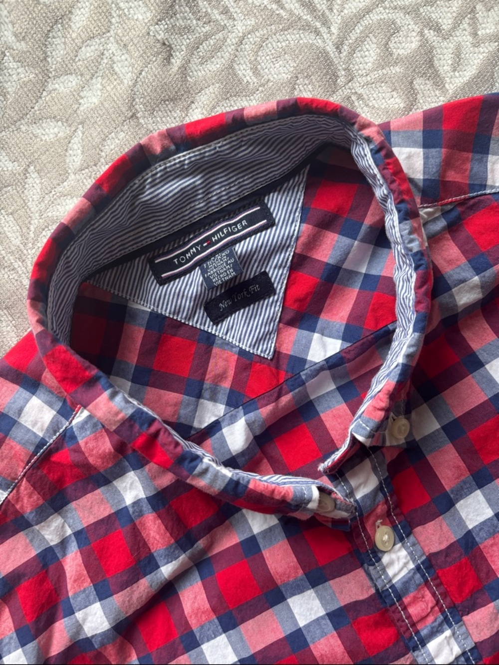 Tommy Hilfiger Red and Blue Plaid Casual Button-Down Shirt